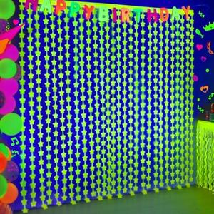 Mega-L Glow In The Dark Party Supplies, 2 Pack Neon Star Party Decorations 3.3 x 6.6 ft Fluorescent Macaron Yellow Tinsel Foil Fringe Curtains, Photo Booth Prop Backdrop Streamer, Birthday Party Decor Pack of 2
