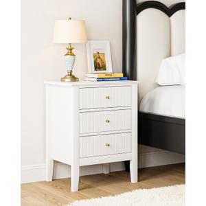 Fluted Nightstand, Farmhouse Night Stand with 3 Drawers, Mid Century Modern Side Accent Table,Bedside End Table for Bedroom, Living Room, White