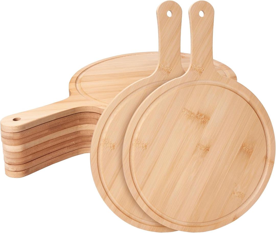 WILLOWDALE 10pcs Wood Cutting Boards for Kitchen, 10" Round Charcuterie Boards Wood Serving Board for Pizza, Cheese, Dessert, Wooden Cutting Board with Handle Fruit Vegetable Bamboo Cutting Board Set (14"L x 11"W)