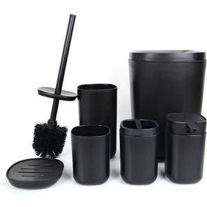Bathroom Accessories Set of 6 Complete, Toothbrush Holder, Soap Dispenser, Garbage Trash Can, Soap Dish, Toothbrush Cup and Toilet Brush Holder, Black