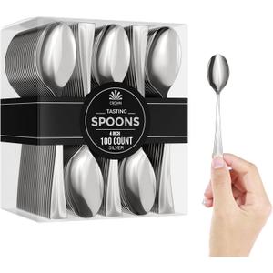 Mini Dessert Spoons - Bulk Pack of 100 Mini Silver Disposable Spoons - 4 Inch Plastic - Bpa Free - Food Safe