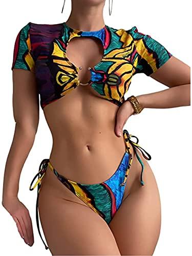 OYOANGLE Women's 2 Piece Swimsuit Graffiti Print Cut Out Ring Linked Bikini Set Tie Side Bathing Suit Multicolor M