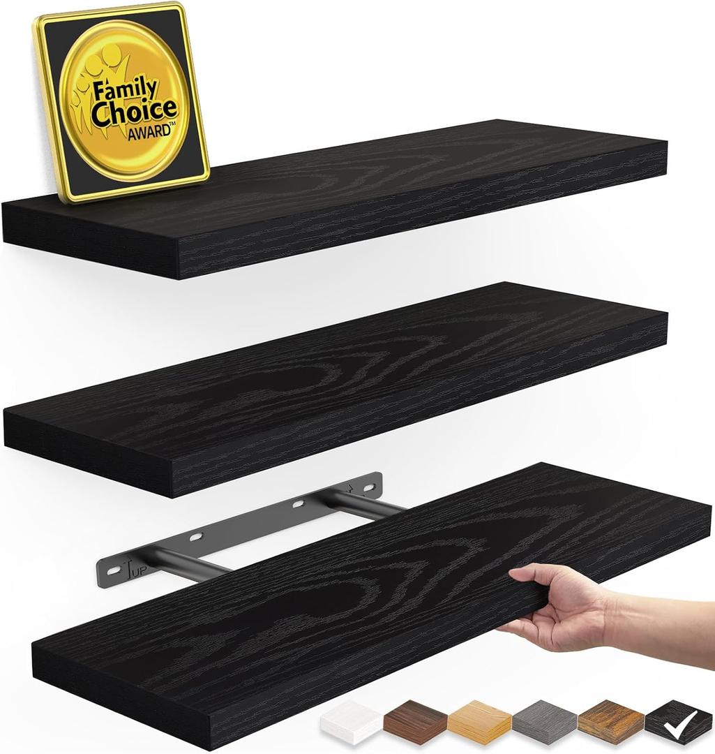 BAYKA Floating Shelves for Wall, Wall Mounted Rustic Wood Shelves for Bathroom, Bedroom, Living Room, Kitchen, Hanging Shelf for Books/Storage/Room Decor with 22lbs Capacity (Black, Set of 3, 15.7in)
