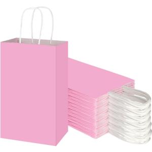 Toovip 50 Pack 5.25x3.25x8.25 Inch Small Light Pink Kraft Paper Bags with Handles Bulk, Gift Wrap Bags for Favors Grocery Retail Party Birthday Shopping Business Goody Craft Merchandise Take Out Sacks