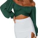 LYANER Women's Cute Off Shoulder Long Sleeve Self Tie Knot Crop Tube Top Blouse (Large, Dark Green)