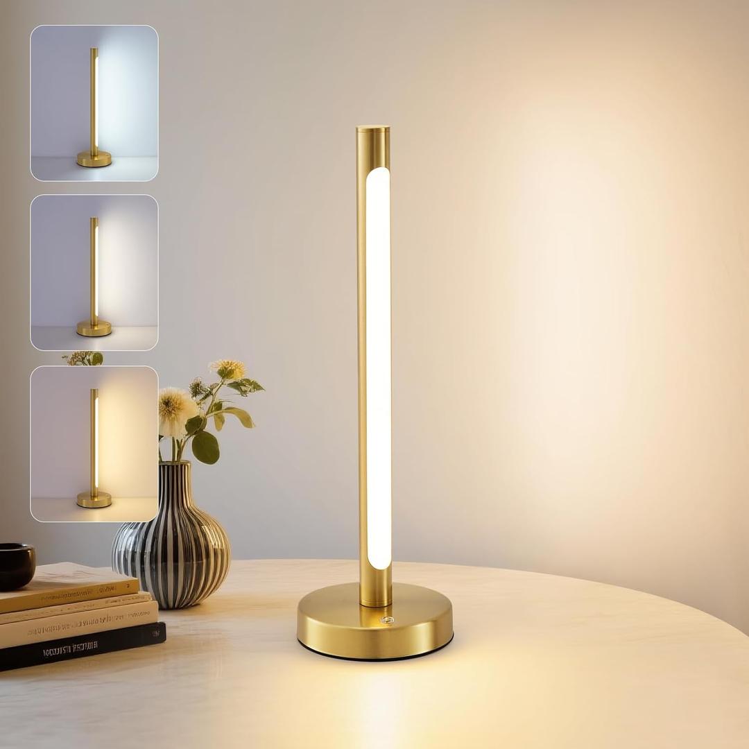 Cordless Table Lamp, Rechargeable Gold 5200mAh Battery Operated LED Portable Lamps, 3 Color Stepless Dimmable Touch Lamp for Nightstand, Bedroom, Dining Table, Counter, Living Room