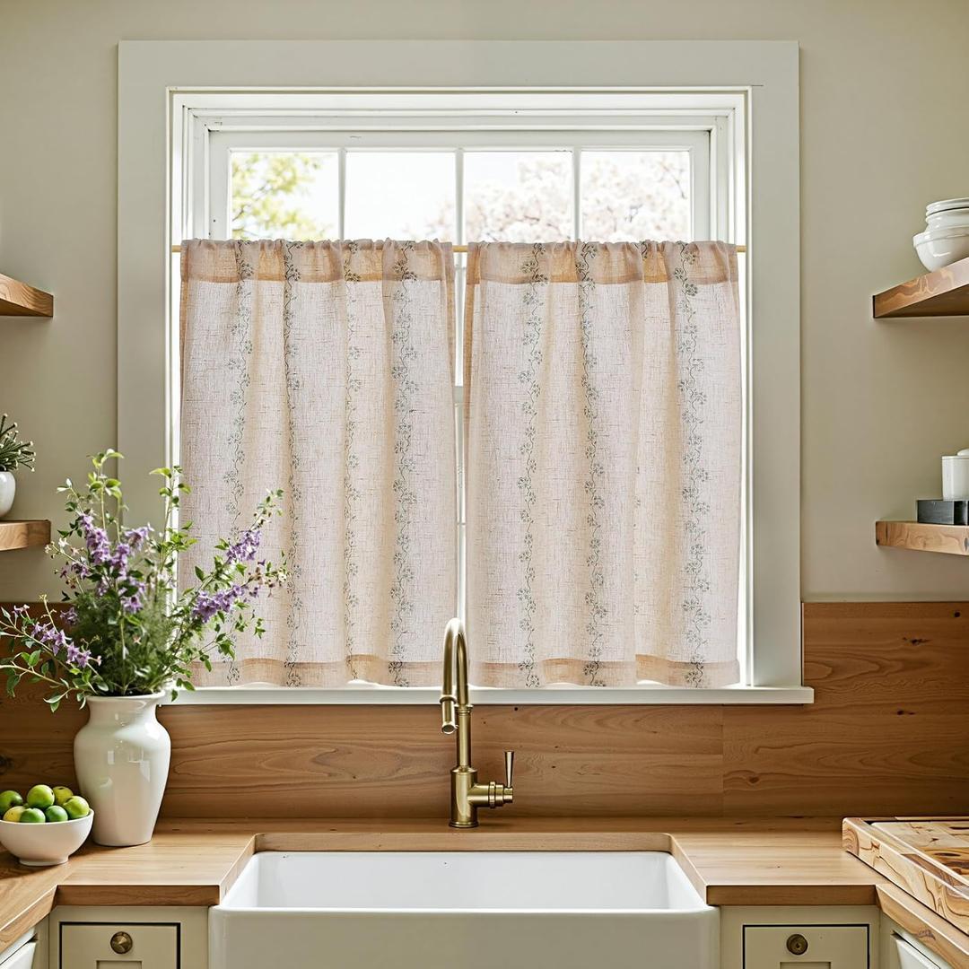 Jinchan Katy Linen Floral Kitchen Curtains 36 Inches Length Stripe Cafe Curtains Farmhouse Cottagecore Tier Small Window Drapes for Living Room Light Filtering Rod Pocket 2 Panels Sage Green on Linen