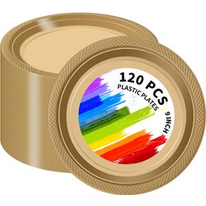 120 PCS Gold Plastic Plates, 9 Inch Disposable Dinner Plates for Party Heavy Duty Plastic Dinnerware Sets for Wedding Easter Picnic BBQ (Gold, 9")