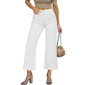 LookbookStore Wide Leg Cropped Jeans for Women High Waisted Stretchy Denim Pants Baggy Flare Trouser Jeans Front Pockets (White, M)