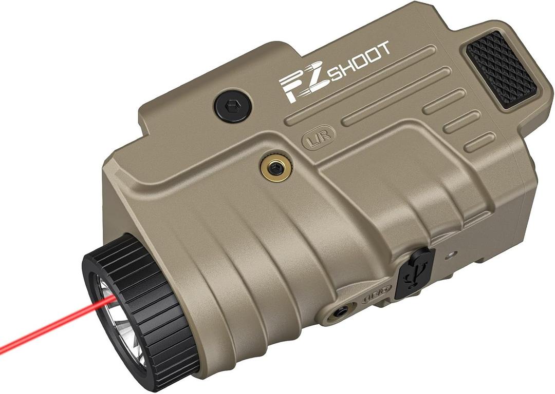 EZshoot 800 Lumens Pistol Light Laser Combo Rechargeable, Pistol Flashlight with Slidable Rail Compatible with Glock and Picatinny Rail, Gun Light with Red Laser Beam, Desert Tan