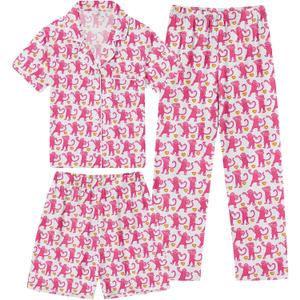 SWOMOG Kids Pajamas Sets 3PCS Short Sleeve Long Pants with Shorts Girls Boys Button Down PJS Cute Loungewear for 4T-15Years, (12-13 Years, Pink Monkey)