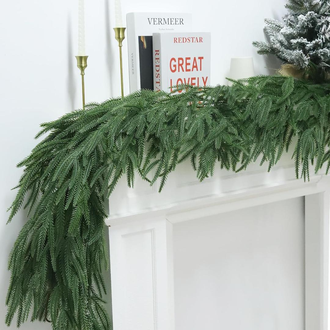 2 Pcs Christmas Norfolk Pine Garlands, 6 Ft Real Touch Pine Garland, Realistic Artificial Greenery Cedar Garland for Mantle Indoor Outdoor Holiday Winter Christmas Decorations