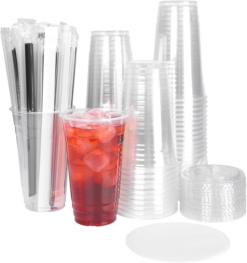 VITEVER [100 Sets - 24oz] Plastic Cups with Lids and Black Straws, Disposable Cups for Iced Coffee, Smoothie, Milkshake, Cold Drinks - Clear