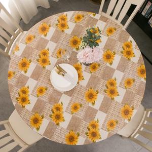 Pioggia Round Vinyl Fitted Tablecloth with Flannel Backing Elastic Table Cloth Waterproof Oil-Proof Plastic Table Cover Best for 45"-56" Round (Sunflower)