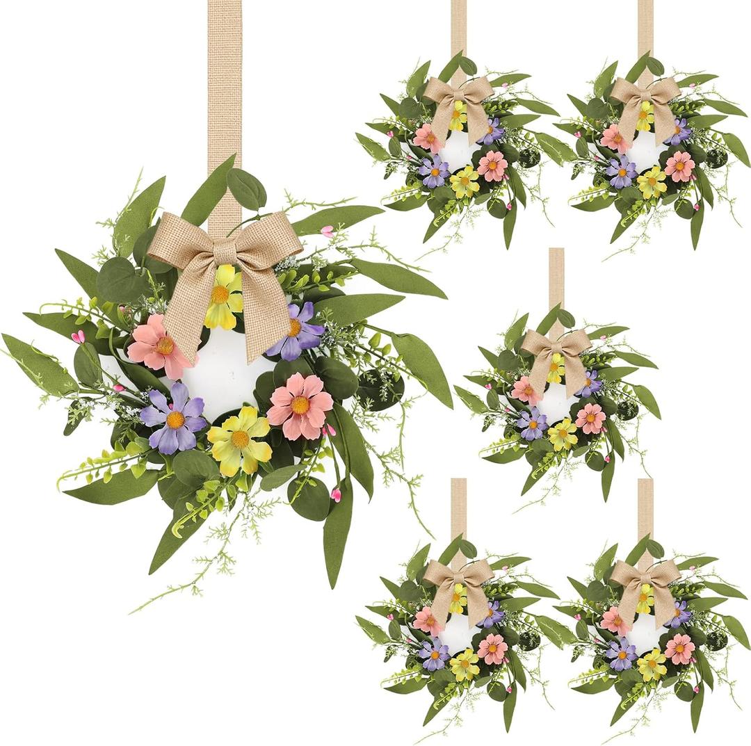6 Pcs Small Spring Summer Hanging Wreaths for Cabinets with Pink Purple Yellow Daisy Flowers and Eucalyptus Leaves Mini Candle Ring Wreath for Home Kitchen Front Door Window Porch Wall Wedding Decor