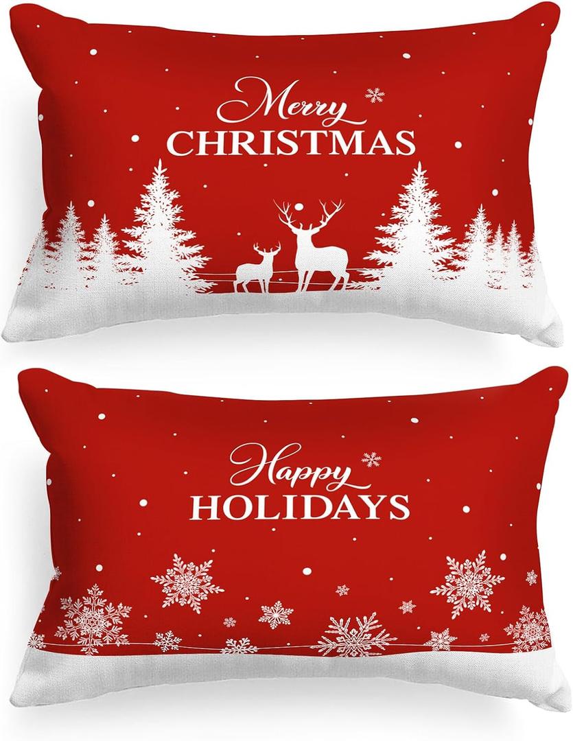 Lanpn Christmas Queen Pillowcase 20x30 Set of 2, Red Christmas Tree Snowflake Lumbar Pillow Cases 20 x 30 Long Rectangle Queen Shams Throw Bed Pillow Covers Winter Holiday Xmas Cushion Cover 2 Pack