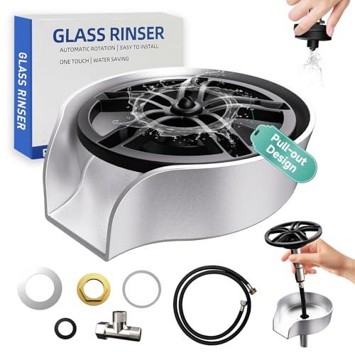 Glass Rinser for Kitchen Sink, High Pressure 360 Degree Rotating Spout Glass Rinser with Pull-out Spray Gun Design, Glass Cup Cleaner Sink Attachment Washer Baby Bottle, Glass Cup, Wine Glass (Silver)