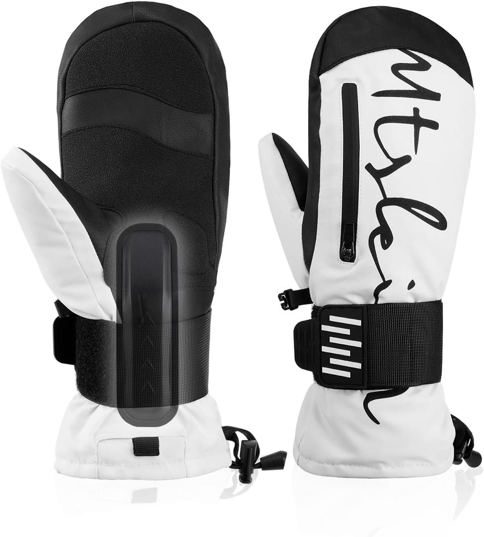 Ski Mittens & Snow Gloves for Men Women Kids - Removable Wrist Guards, Touchscreen, Waterproof Warm Thermal Insulated Winter Gloves for Snowboarding, Skiing and Cold Weather (X-Large, White)