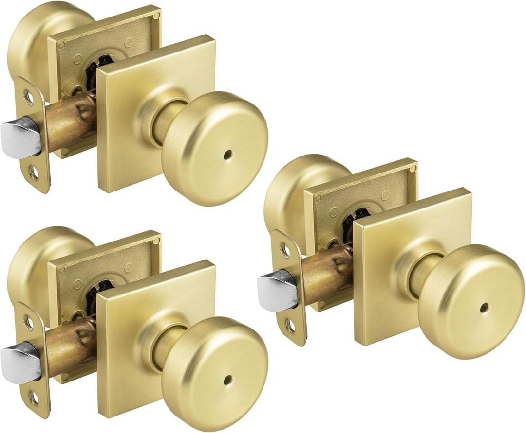 3 Pack Gold Interior Door Knobs for Bathroom & Bedroom, Pismo Doorknob Turn Lock with Square Rosette,Heavy Duty Door Knob with Lock