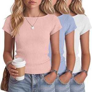 Oakgarden 3 Pack Girls Tops Short Cap Sleeve Boat Neck Kids Slim Fit Shirts Ribbed Teen Basic Casual Solid Trendy Tees Summer(Macaron Pink, Macaron Blue, White,7-8 Years)