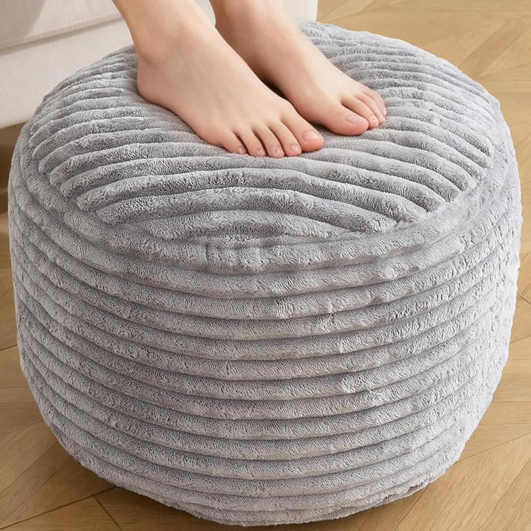 Round Ottoman,Corduroy Pouf Ottoman Foot Rest,Storage Footstool for Living Room,18x14 Soft Floor Poufs,Memory Foam Filling - Light Grey, 18x14 in