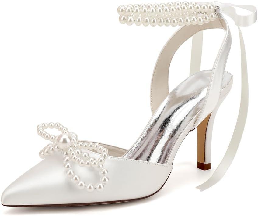 Women's Closed Toe Pearl Heels with Bow Wedding Shoes for Bride High Heels Bridal Shoes Slingback Satin Heels Pumps (7, Ivory)