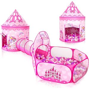3pc Kids Play Tent for Girls with Ball Pit, Crawl Tunnel, Princess Tents for Toddlers, Baby Space World Playhouse Toys (3PC Princess Dream Tent)