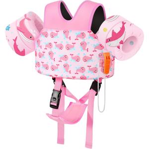 MoKo Toddler Swim Vest for Kids, 20-66 lbs, Arm Floaties with Adjustable Straps, Nylon Material, Swim Vest for Toddlers Learning to Swim (Baby Pink Whale)