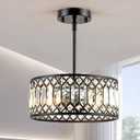 Crystal Ceiling Lights 12 Inch Modern Semi Flush Mount Ceiling Light Fixture,Farmhouse Rustic Black Chandelier for Bathroom Corridor Entrance Kitchen Dining Room Living Room Foyer(3 Light)