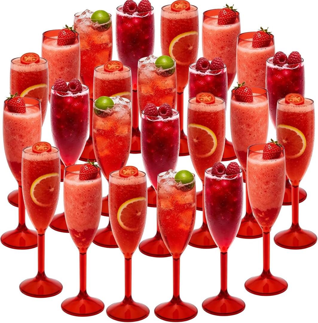 24 Pcs Champagne Flutes 5.4OZ Plastic Champagne Glasses Wine Glasses Plastic Goblets for Parties Mimosa Bar Glasses Stemmed Drinking Cups for Wedding Celebration Christmas Birthday Bride (Clear Red)