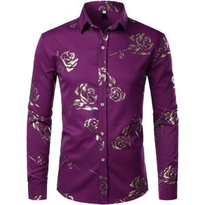 ZEROYAA Mens Hipster Gold Rose Printed Slim Fit Long Sleeve Dress Shirts/Prom Performing Shirts (Large, Z56-purple)