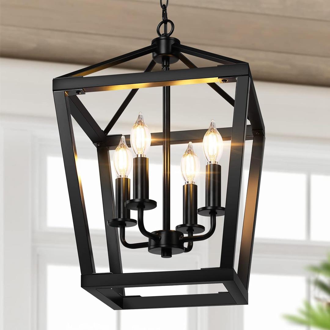 BrightHome Farmhouse Chandelier 4-Light, Black Pendant Light Fixture for Kitchen Island Dining Room, Lantern Industrial Lighting Ceiling Hanging with Metal Cage Adjustable Height for Entryway Foyer
