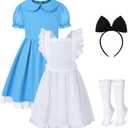Girls Blue Dress White Apron Halloween Costume Princess Dress Up Costume with Headband and Stocking for 7-14 Years (9-10 Years)