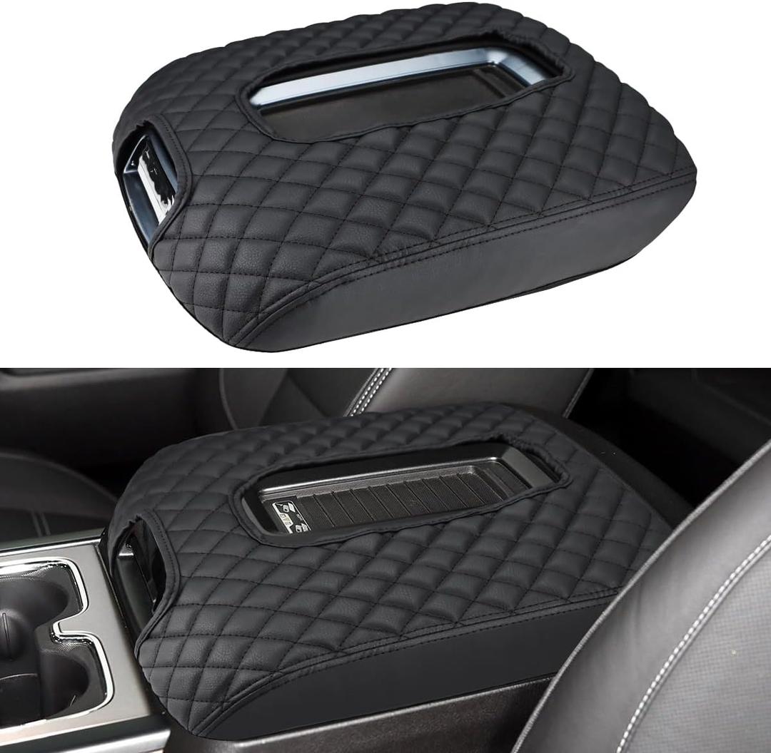 INTGET Center Console Armrest Cover for Chevy Silverado & GMC Sierra Accessories 2014 2015 2016 2017 2018,Leather Arm Rest Box Lid Protector (Black Pad, Bucket Seat 2014-2018 Silverado/Sierra etc.)