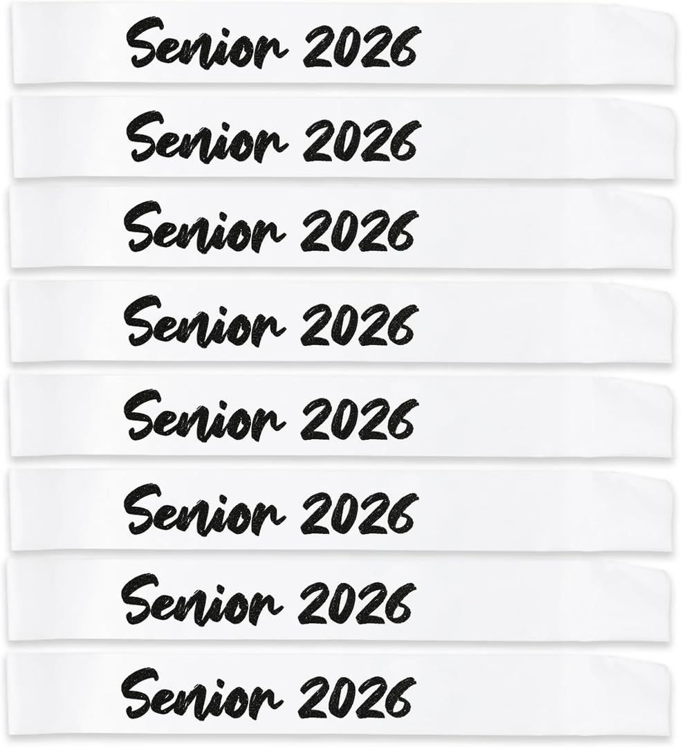 8PCS White Senior 2026 Sashes with Black Glitter Letters - Cheerleader Sash Graduation Party Decoration Class Of 2026 Celebration Party Supplies