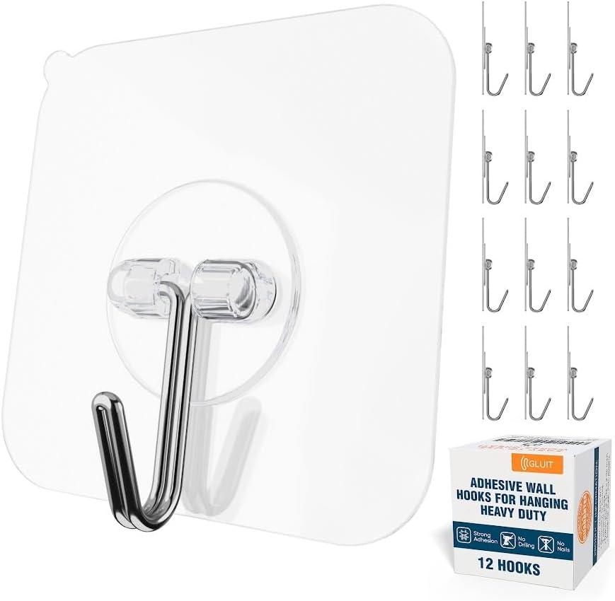 GLUIT Adhesive Wall Hooks for Hanging Heavy Duty 22 lbs Hooks for Walls No Damage, Towel Sticky Clear Hook, Waterproof, Home, Bathroom, Kitchen, Office, and Outdoor 12 Pack (Medium, 12 pcs)