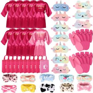 Bonuci 50 Pcs Spa Party Supplies for Girls, 10 Satin Robe 10 Kids Slippers Sleepover Birthday Spa Party Favors (1 Pink, 9 Rose Red)