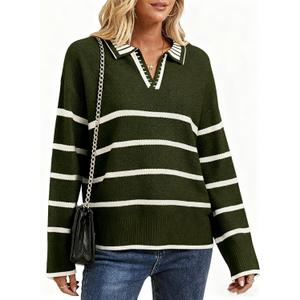 Women's Polo Sweater Long Sleeve V Neck Striped Collared Pullover Fall Sweater Tops 2025 (XX-Large, Army Green)