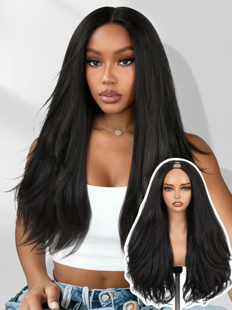 FAVE 26 Inch V Part Wig Glueless Layered Yaki Curly Half Wigs for Black Women Lightweight Synthetic Wigs Heat-Resistant Hair Replacement Wig Wear And Go