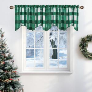 NICETOWN Christmas Plaid Valances for Windows, Rod Pocket Xmas Small Kitchen Valances Short Topper Curtains for Living Room Decor, 1 Panel, 52 by 18 inches Long, Green & White