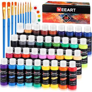 36 Colors Acrylic Paint Set, Yeeart Acrylic Paint, 2oz Bottles, Rich Pigmented Canvas Paint with Extra Metallic Color, Professional Craft Paint Kit, Premium Non-toxic Paints for Artists, Acrylic Paint Set for Adults, Art Supplies for Canvas Painting Rocks Wood Ceramic Model with 10 Brushes & Palette