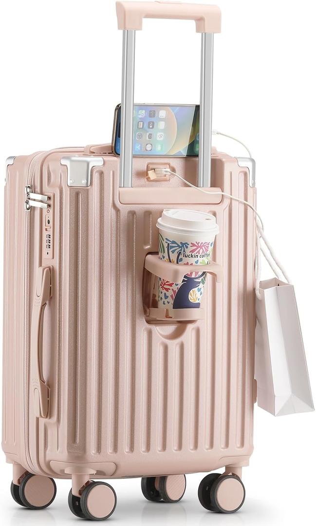 20 Inch Carry On Luggage With Cup Holder & USB Port, Airline Approved TSA-locked Luggage, Lightweight PC Material Travel Suitcase With 360 Spinner Wheel (20in-Pink, 20in)