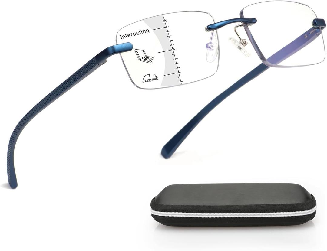 Missfive Premium Aluminum Progressive Multifocus Reading Glasses Men Blue Light Blocking, No-Line Spring Hinge Rimless Office Multifocal Metal Readers, Workspace for Near Range, +2.25, Sapphire (Multifocal, Non-0 Top Lens / Dark Sapphire)