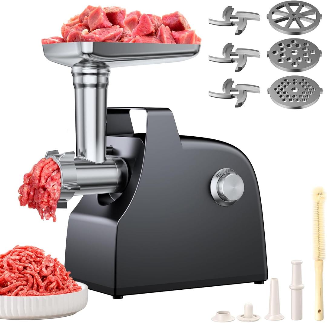 Upgraded Electric Meat Grinder, 3000W Max Home Kitchen Meat Grinder with Handle, Meat Grinder Heavy Duty with 3 Blades and 3 Grinder Plates, Sausage Stuffer Tubes & Kubbe Kit, Black