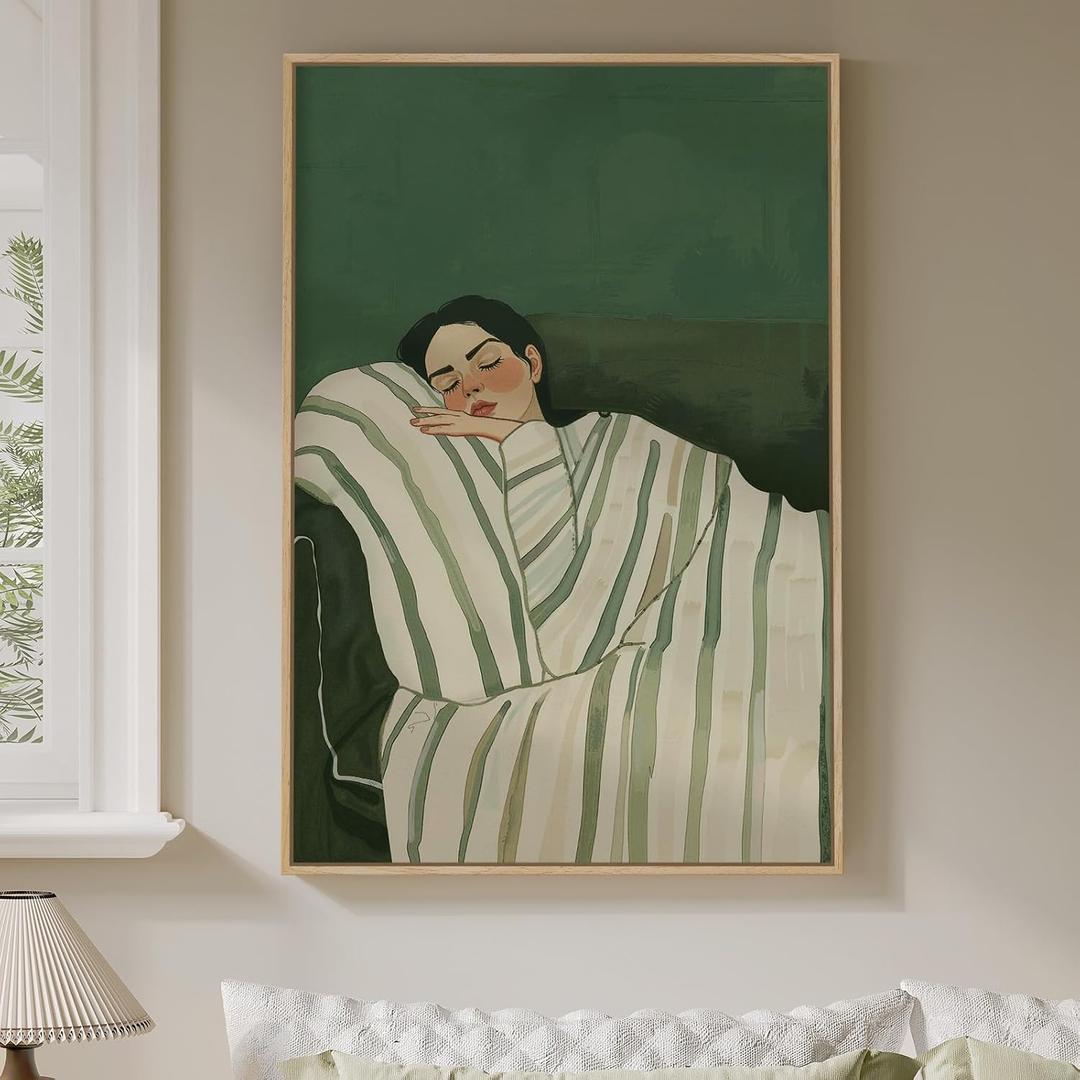 Framed Woman Bedroom Wall Art, Large Cozy Woman Canvas Painting for Room Decor, Relaxing Minimalist Artwork for Walls, Green Picture Print for Nursery Guest Room Hallway Wall Art Decor, 24x36 Inch