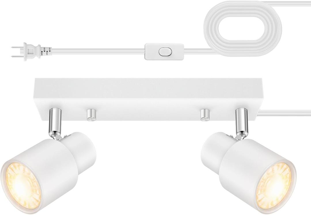 Plug in Track Lighting Fixtures Ceiling, White Track Light LED, 2-Light Track Lights with Cord, 2 Way Ceiling Spotlight, Rocker Switch, Rotatable Wall Mount Light for Kitchen/Bedroom,Bulb Not Included