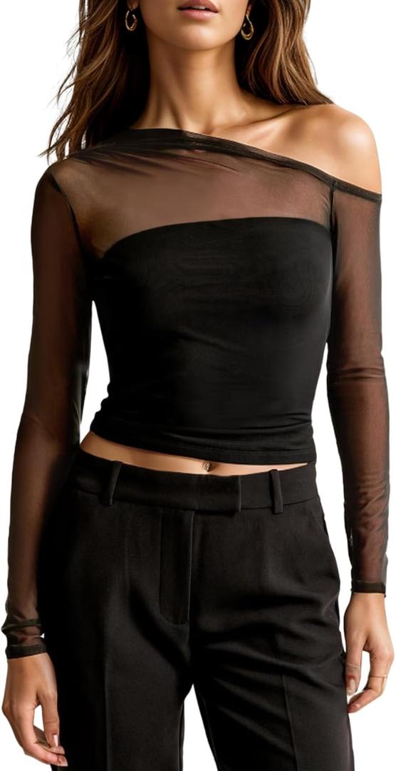 Off The Shoulder Tops for Women Y2k Going Out Long Sleeve Crop Top Trendy Mesh Sheer Sexy Shirts Blouses (Medium, Black)