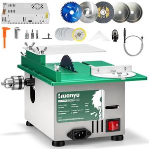 Huanyu Mini Table Saw 300W 1.14IN Cut Depth Portable Precision Hobby Table Saws Set for Wood Model DIY Crafts Woodworking 0-180° Angle Cutting Multifunctional 7-Level Speed Adjustable