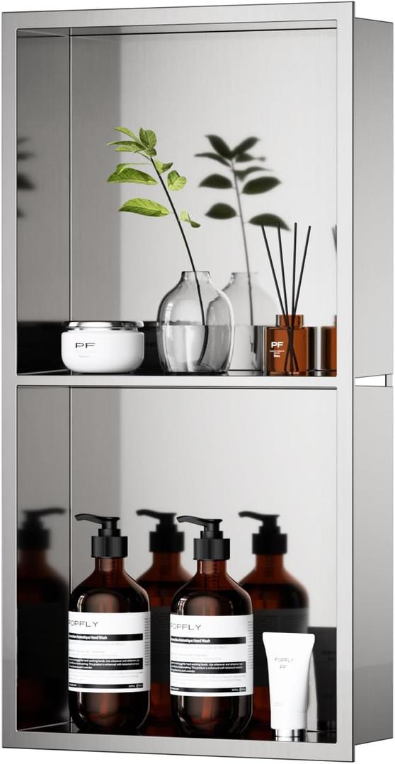 POPFLY 12"24" Stainless Steel Shower Niche, Double Shelves Bathroom Niche No Tile Needed Recessed Niche Shower for Bathroom Storage, Horizontal or Vertical Insert, Nano Silver