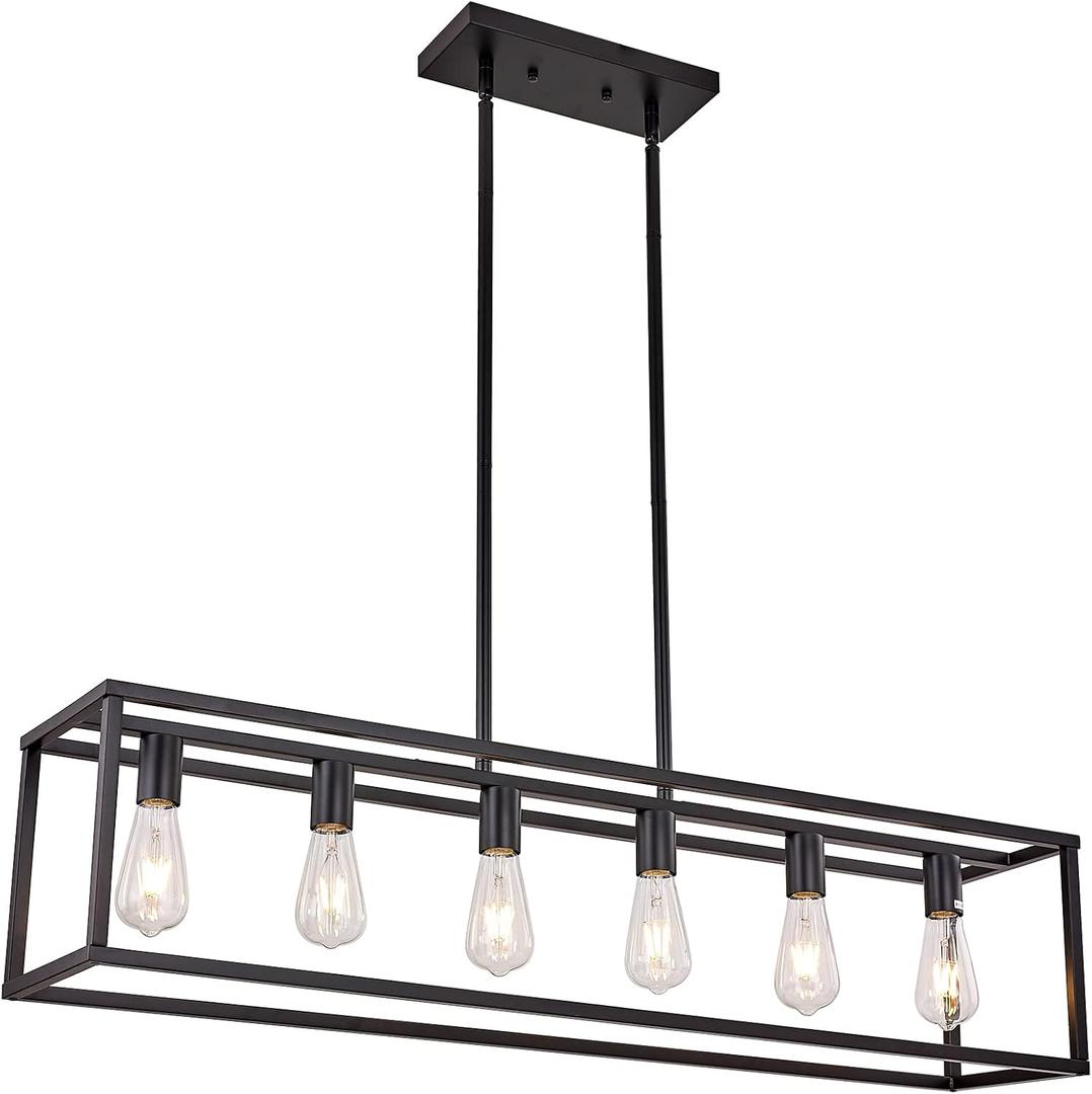 Farmhouse Rectangle Chandeliers for Dining Rooms, Kitchen Fixture Lights Pendant Lights Kitchen Island Black 6-Light Industrial Pendant Lighting for Kitchen Island
